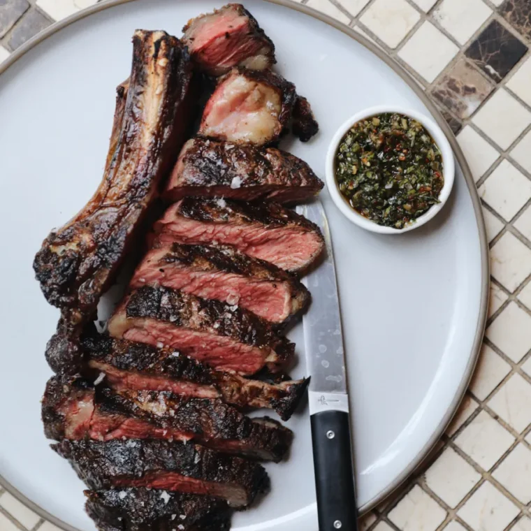 Charcoal grilled ribeye steak at Sucre London